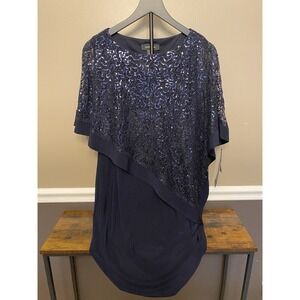 R&M Richards Women's Blue Sequin-Lace Cocktail Cape Sheath Dress Size 8